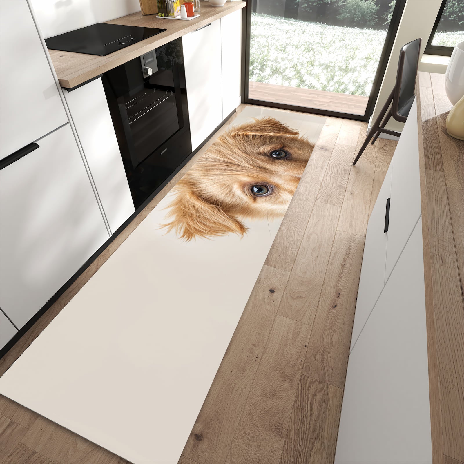 Hygienischer Küchenteppich mit Motiv Welpenbilde in moderner Küche - leicht waschbar