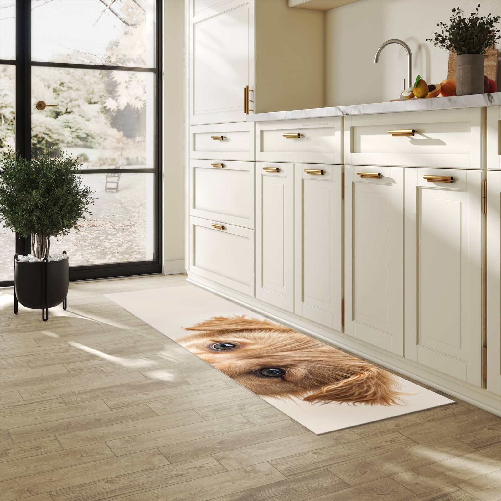 Komfortabler rutschfester Küchenteppich mit Motiv Welpenbilde in heller Küche