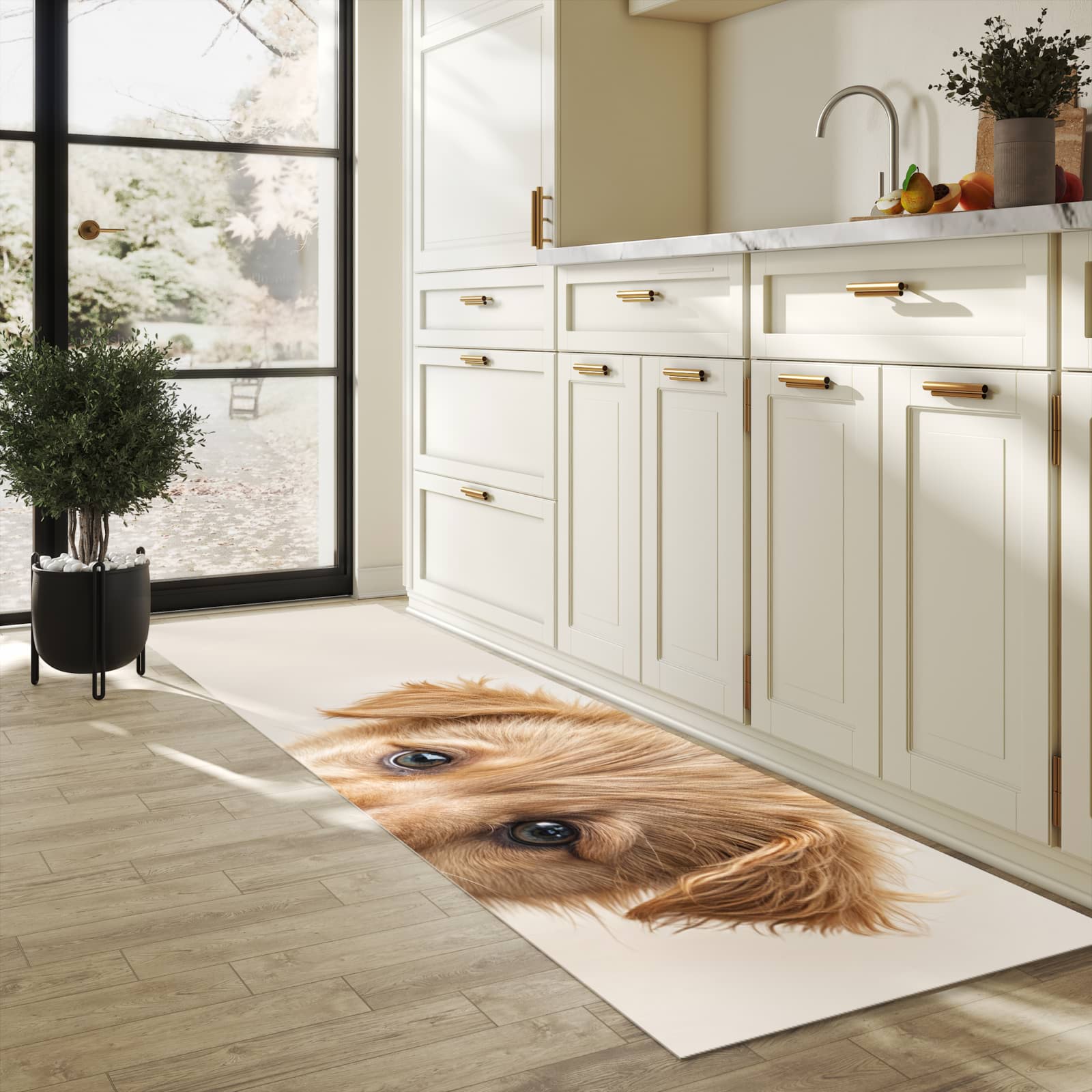 Langlebiger Küchenteppich mit Motiv Welpenbilde in heller Küche