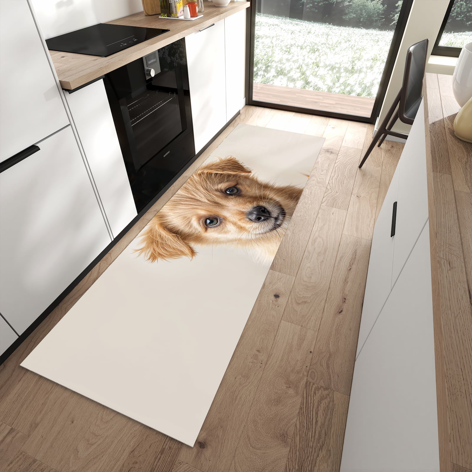 Rutschfester Küchenteppich mit Motiv Welpenbilde in moderner Küche - leicht zu reinigen