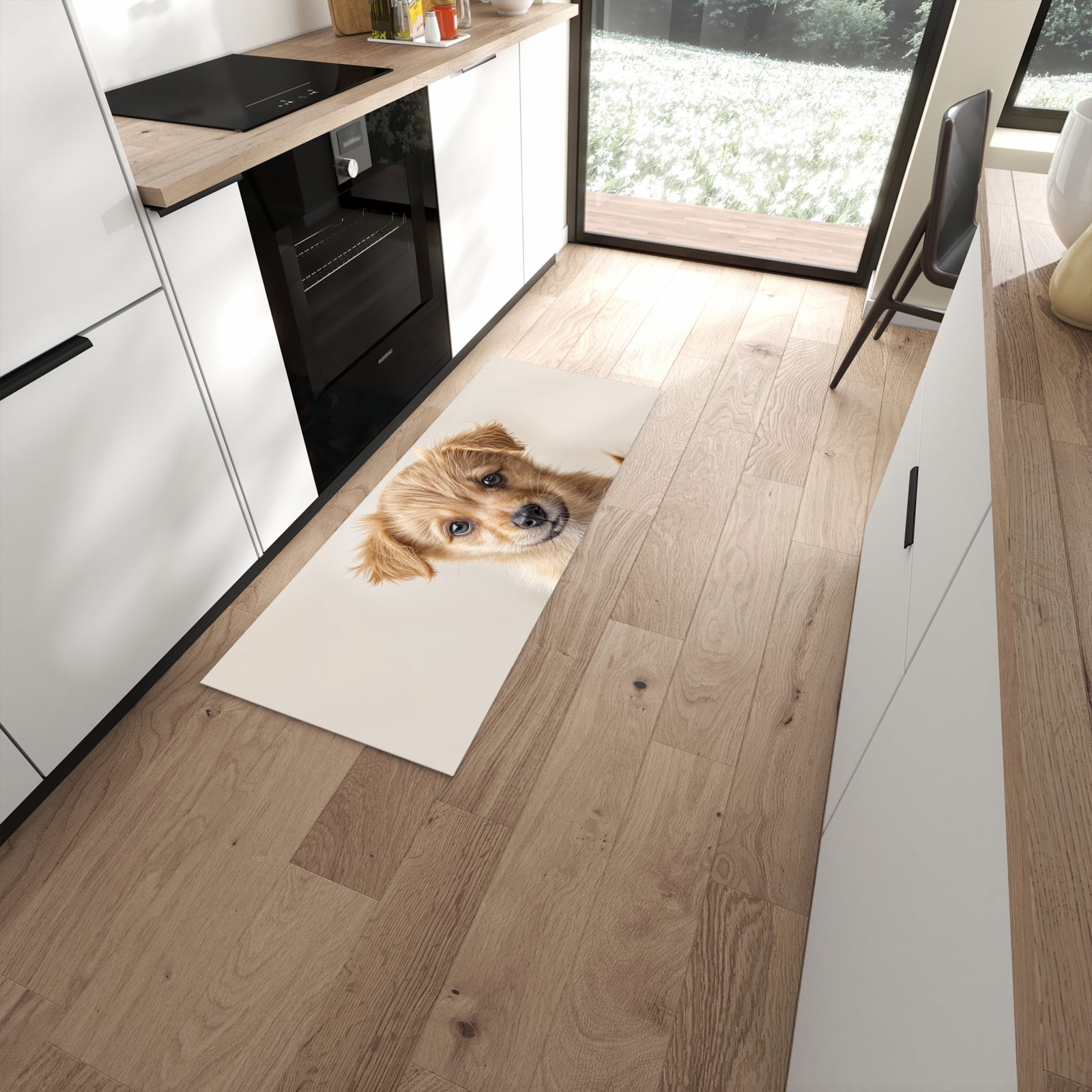 Schmutzabweisender Teppich für Esstisch mit Motiv Welpenbilde in moderner Küche #grösse_60 x 150 cm