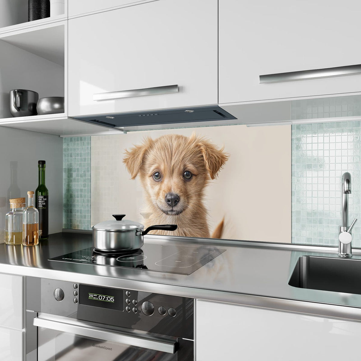 Küchenrückwand aus Glas Flauschiger Welpe im Hochformat als Spritzschutz hinter dem Kochfeld, über dem Fliesenspiegel montiert