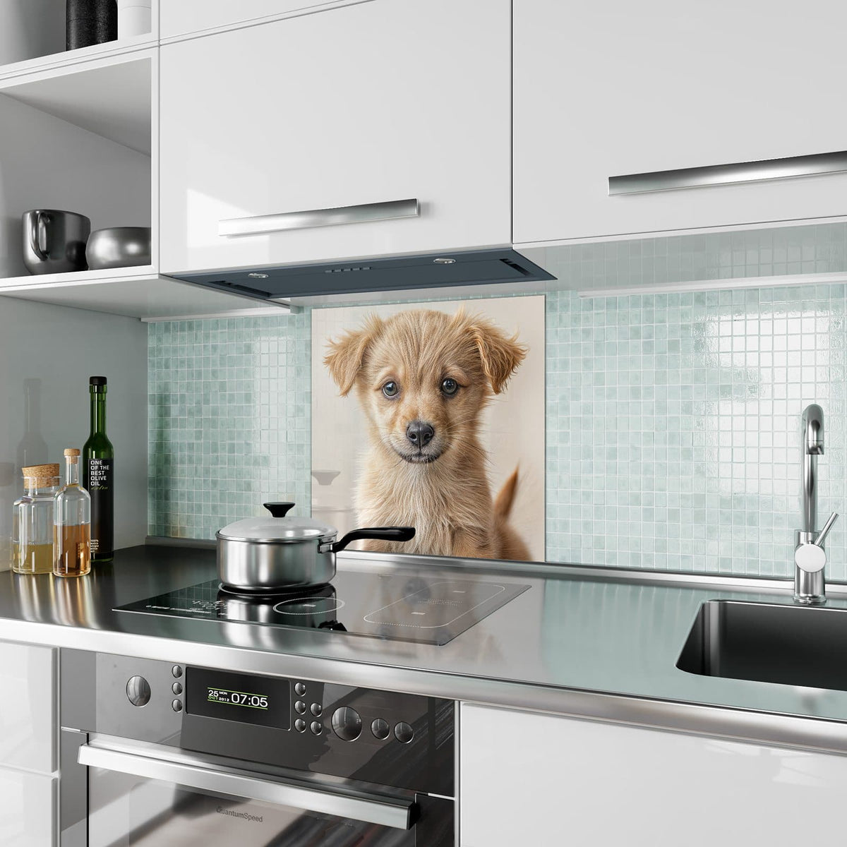 Küchenrückwand Flauschiger Welpe aus Glas – Flauschiger Welpe vor Beige