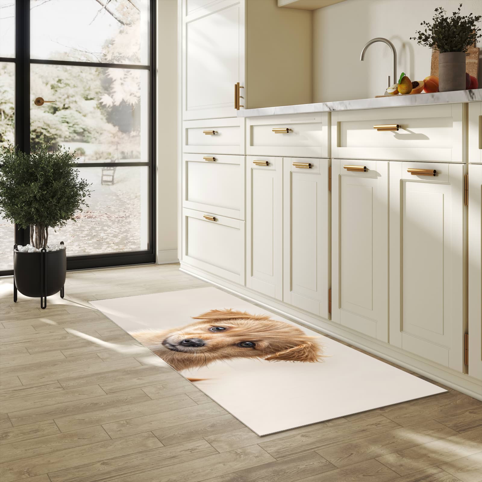 Hygienischer rutschfester Küchenteppich mit Motiv Welpenbilde in heller Küche