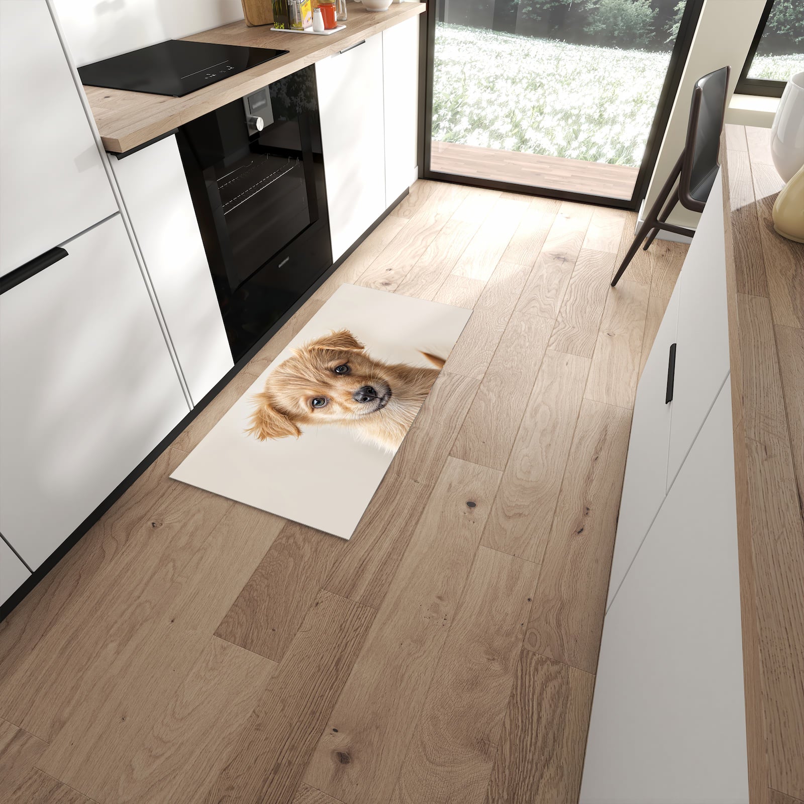 Fleckenresistenter waschbarer Teppich mit Motiv Welpenbilde in moderner Küche #grösse_60 x 120 cm