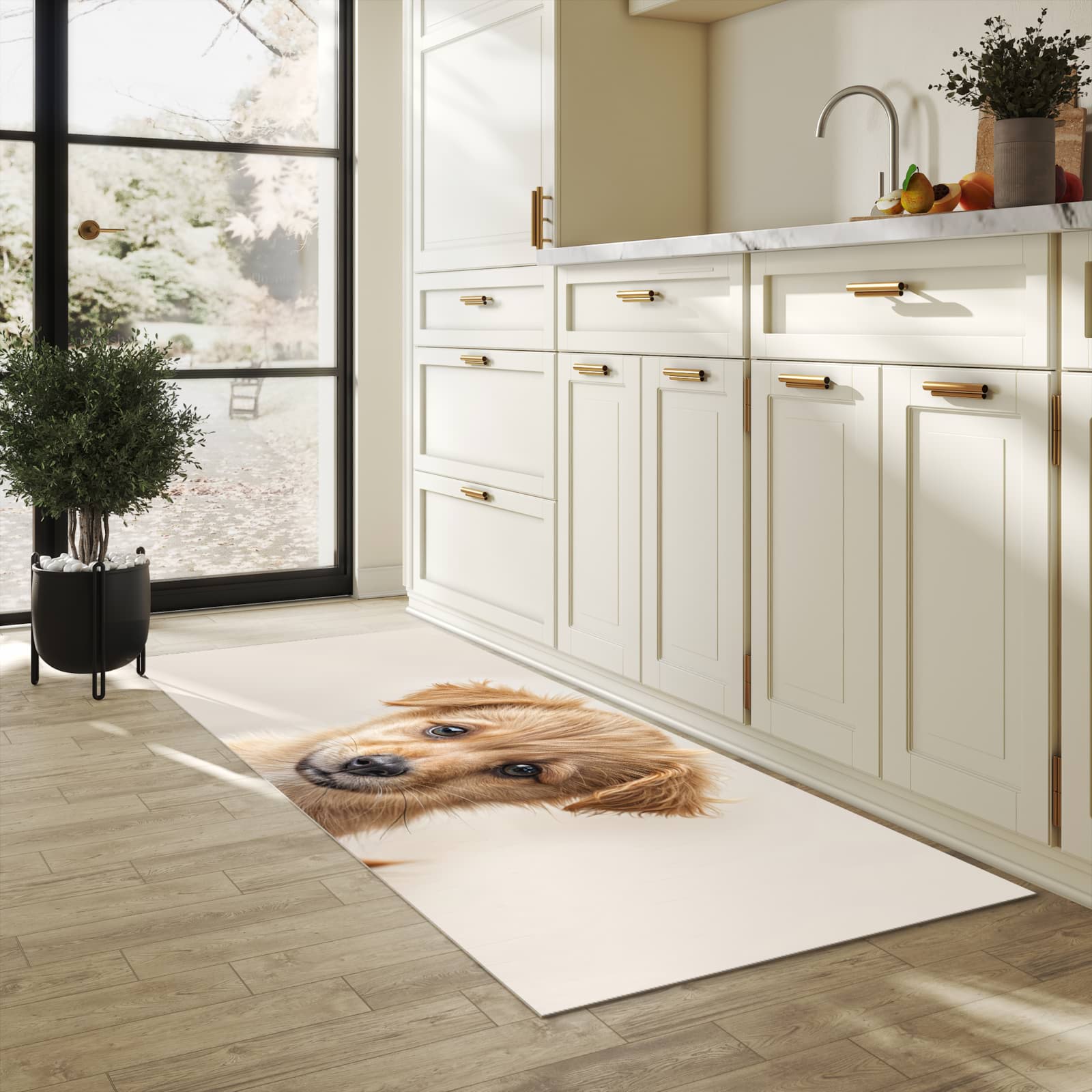 Feuchtigkeitsresistenter Küchenteppich mit Motiv Welpenbilde in heller Küche