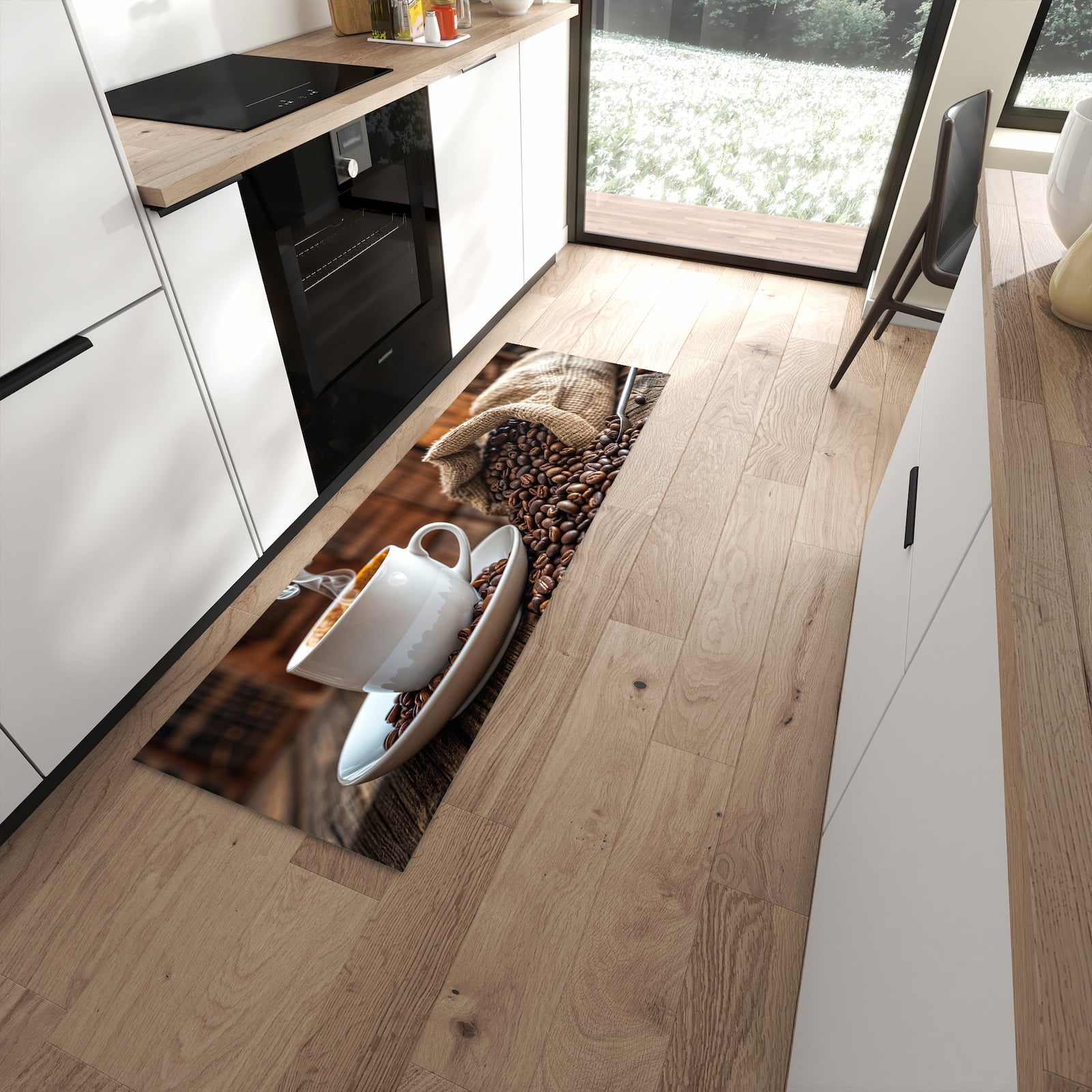 Ordnungsschaffender Küchenläufer mit Motiv Kaffeegenuss in moderner Küche