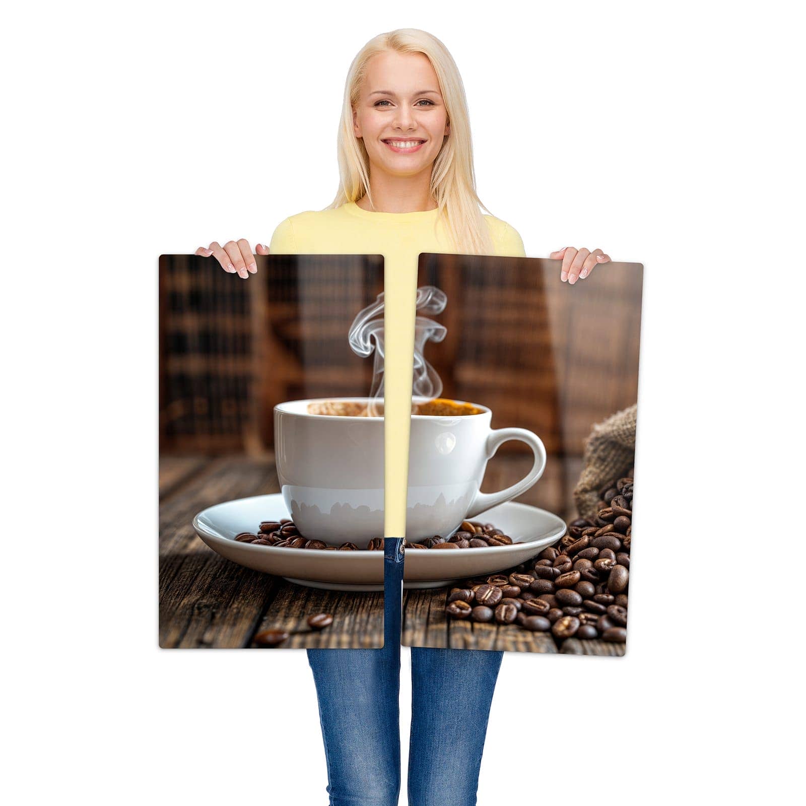 2-teilige Abdeckplatten für den Herd mit Kaffeegenuss-Motiv wird zur Größendarstellung gehalten