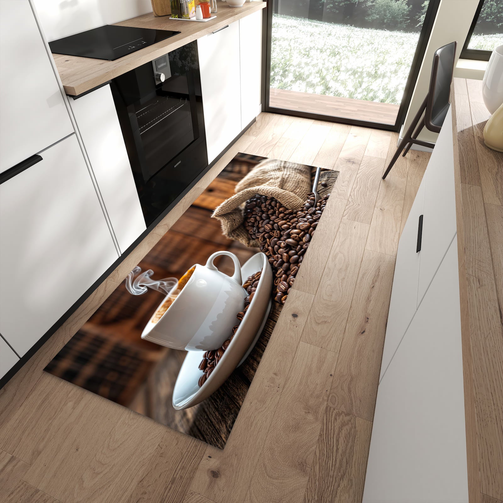 Zeitsparender langer Teppich mit Motiv Kaffeegenuss in moderner Küche