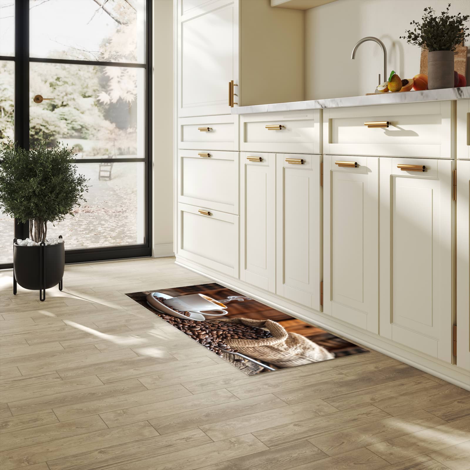 Farbbeständiger Läufer für die Küche mit Motiv Kaffeegenuss in heller Küche