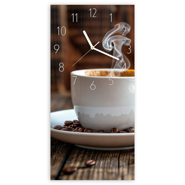 Wanduhr Kaffeegenuss aus Glas – Hochformat 30 × 60 cm mit Ziffernblatt Elegant