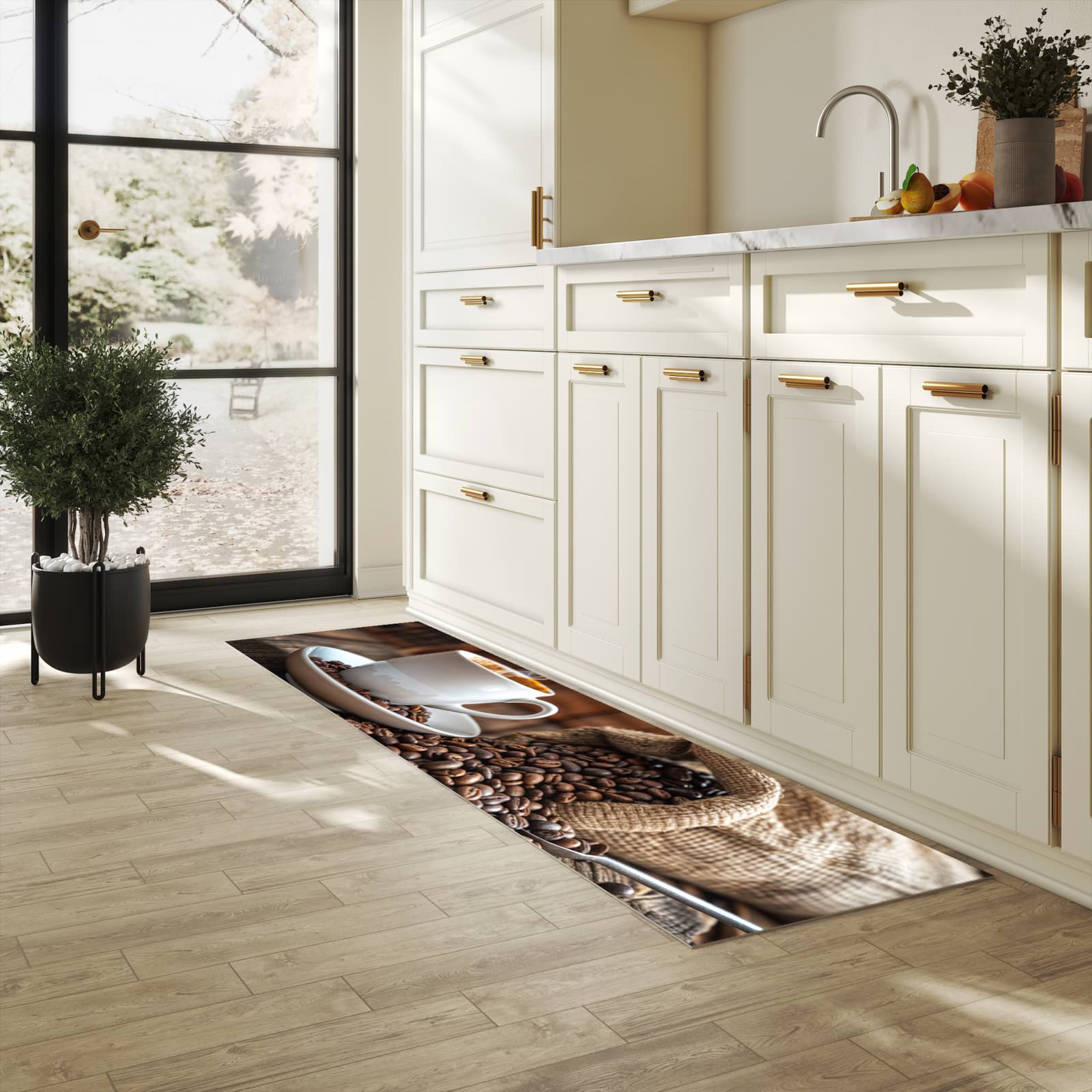 Küchenteppich mit Motiv Kaffeegenuss in heller Küche für sicheres Aufbewahren