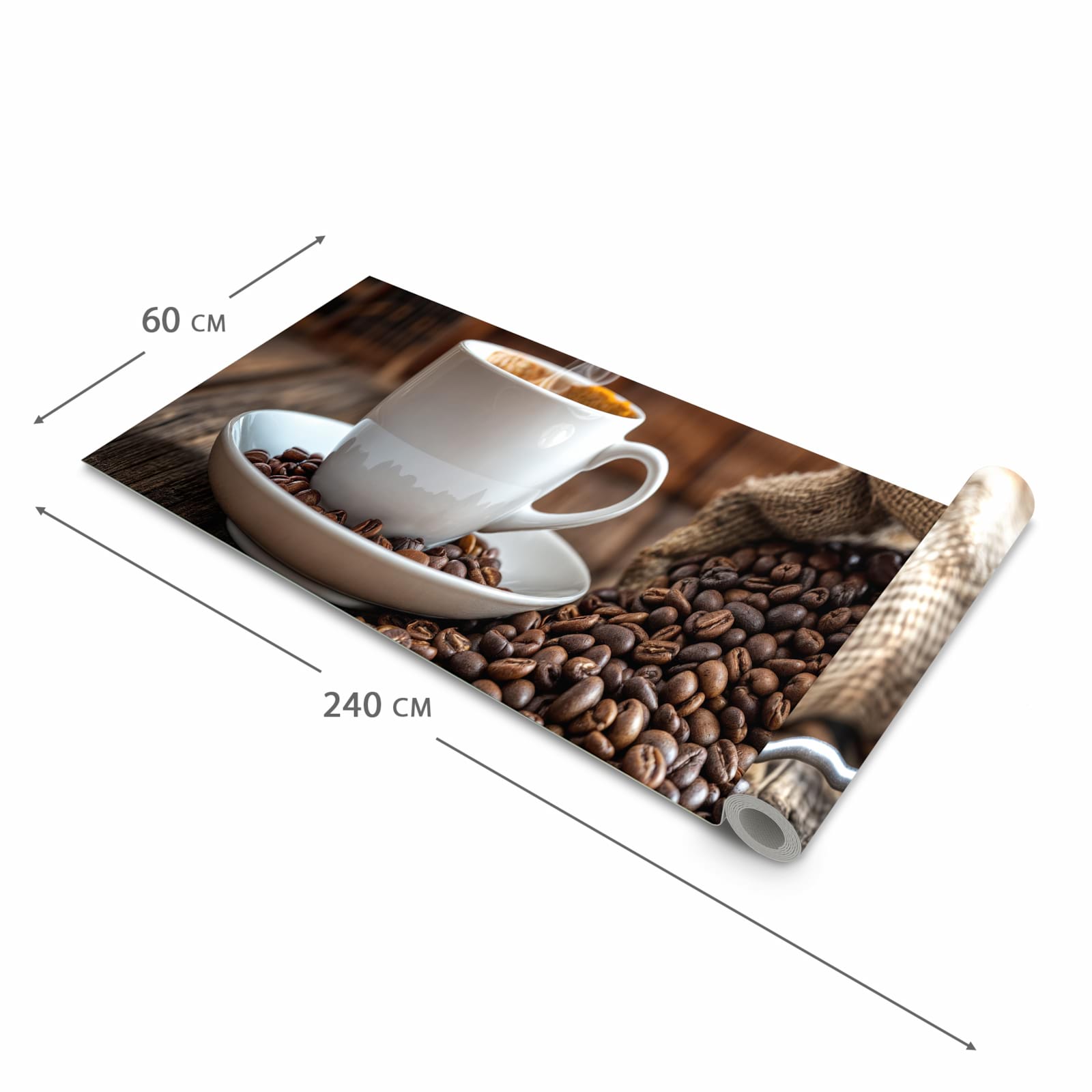 Feuchtigkeitsresistenter dünner Küchenteppich mit Motiv Kaffeegenuss in der Grösse 60x150 cm