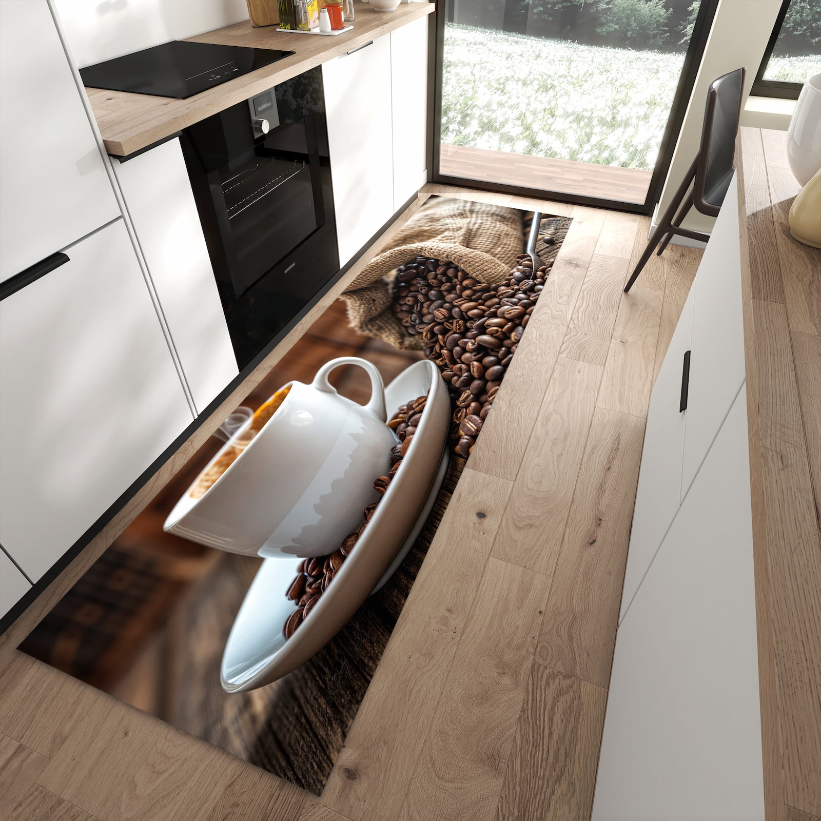 Abriebfester rutschfester Läufer mit Motiv Kaffeegenuss in moderner Küche