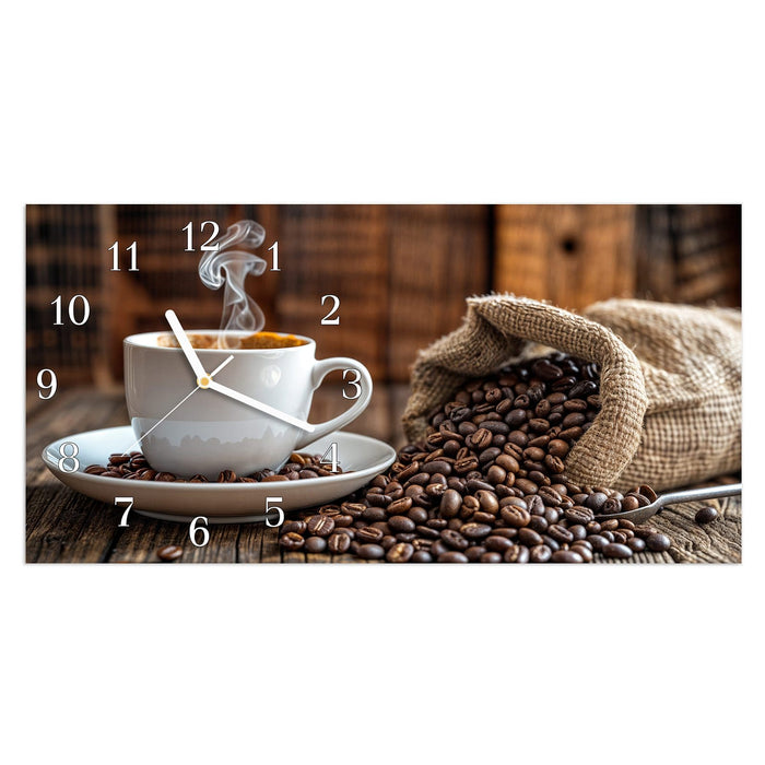 Wanduhr Kaffeegenuss aus Glas – Querformat 60 × 30 cm mit Ziffernblatt Klassisch