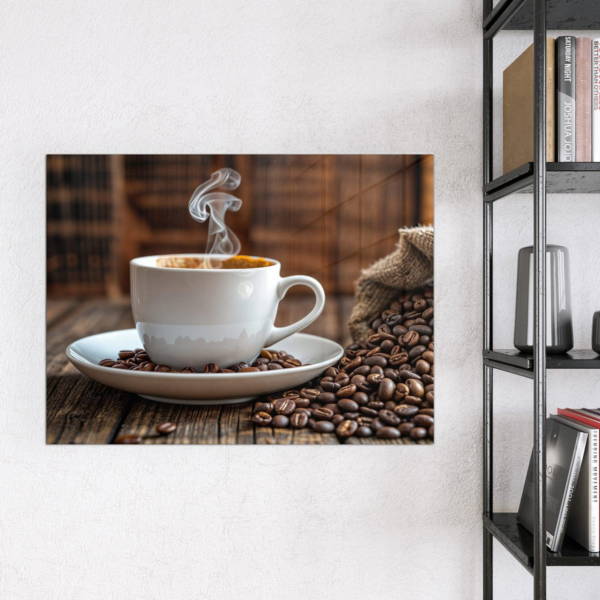 9 Größen – von 30 × 30 bis 120 × 90 cm – Glas Magnettafel - Dampfende Tasse Kaffee