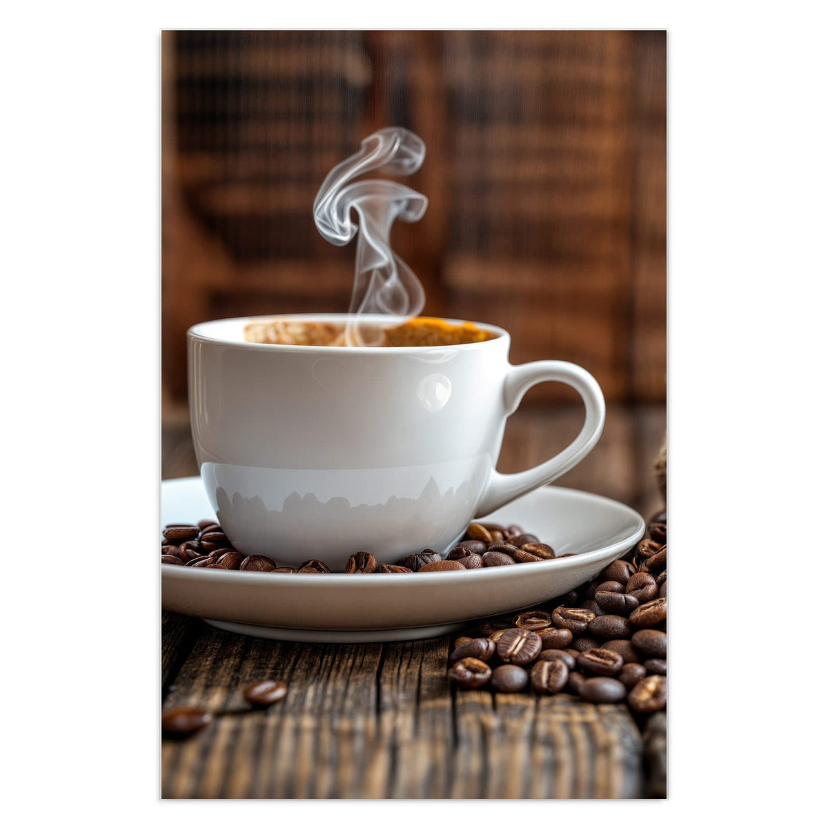 Weiße Tasse mit dampfendem Kaffee auf einer Untertasse voller Bohnen vor rustikalem Holz