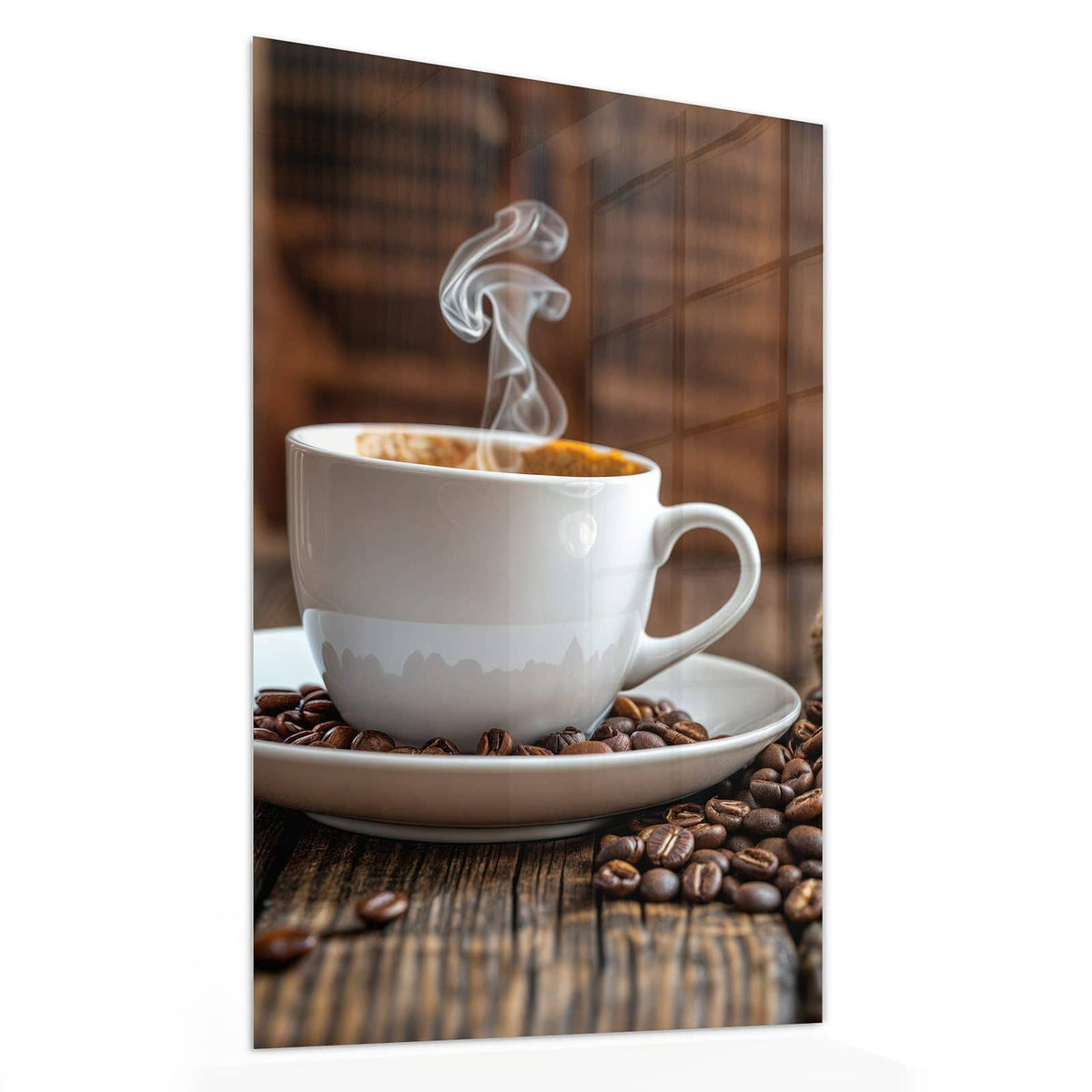 Glasbild Dampfende Tasse Kaffee von der Seite, 4 mm Echtglas