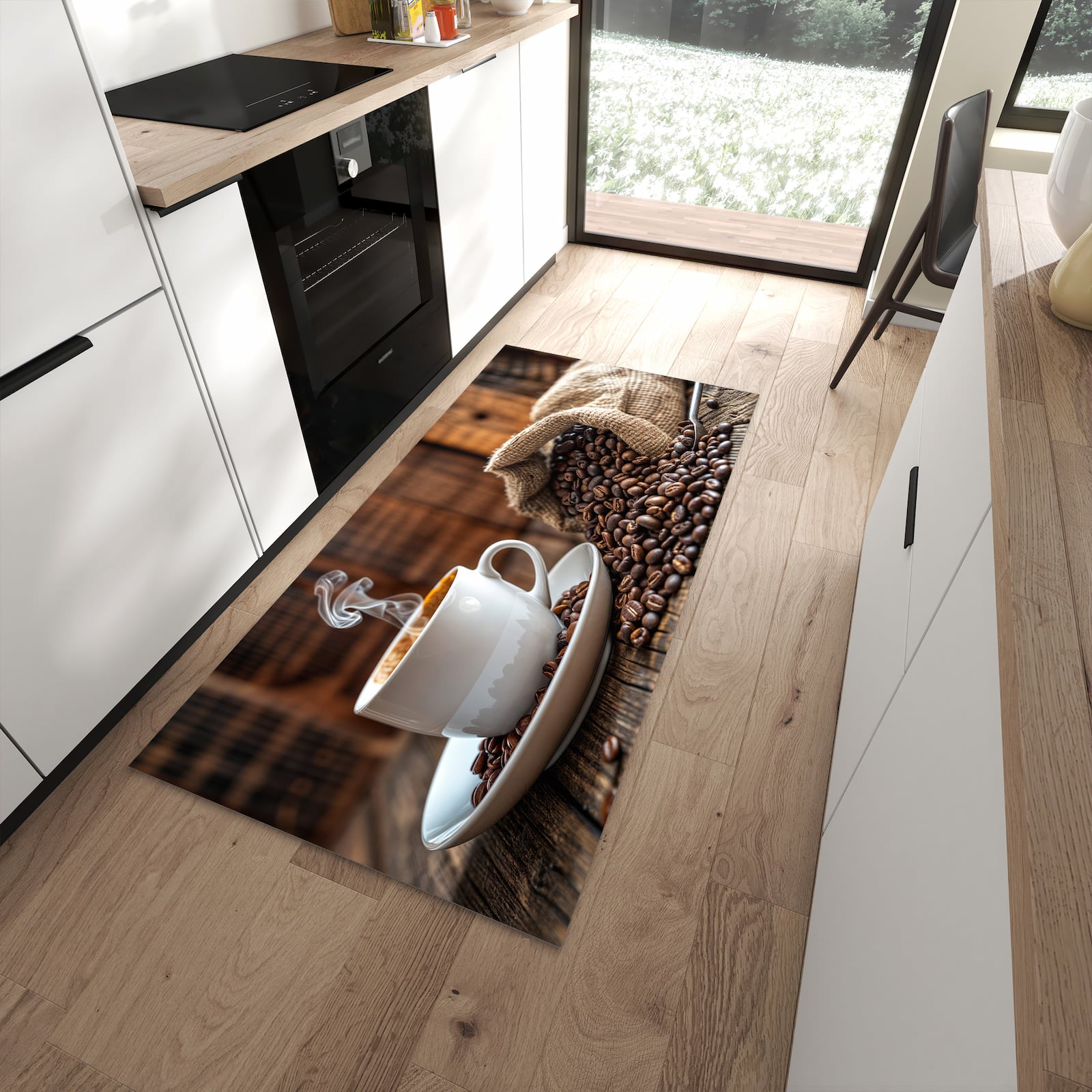 Rutschfester Küchenteppich mit Motiv Kaffeegenuss für Trittkomfort in moderner Küche