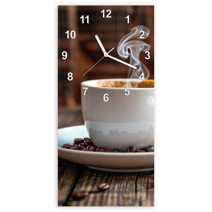 Wanduhr Kaffeegenuss aus Glas – Hochformat 30 × 60 cm mit Ziffernblatt Modern