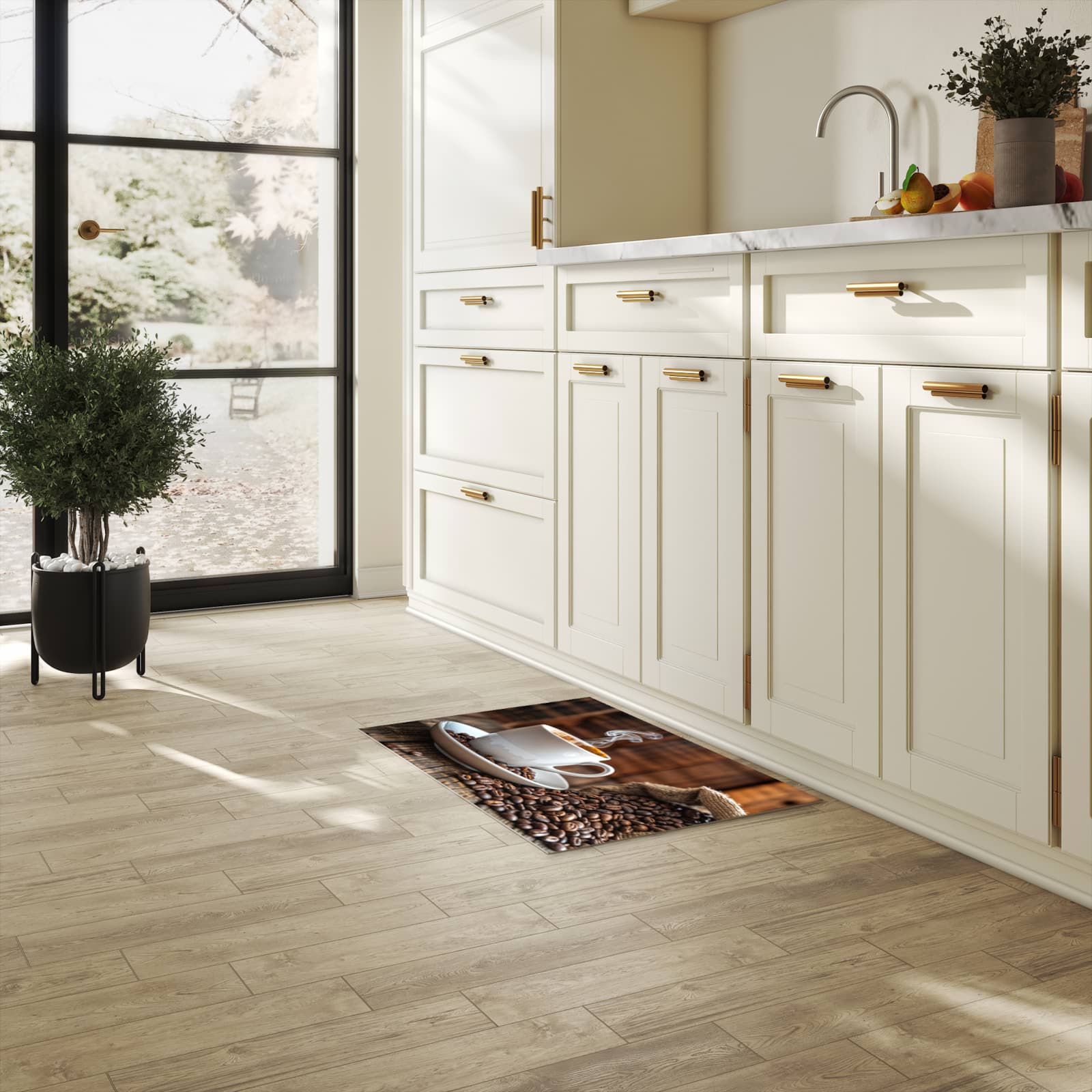 Abriebfester waschbarer Teppich Küche mit Motiv Kaffeegenuss in heller Küche