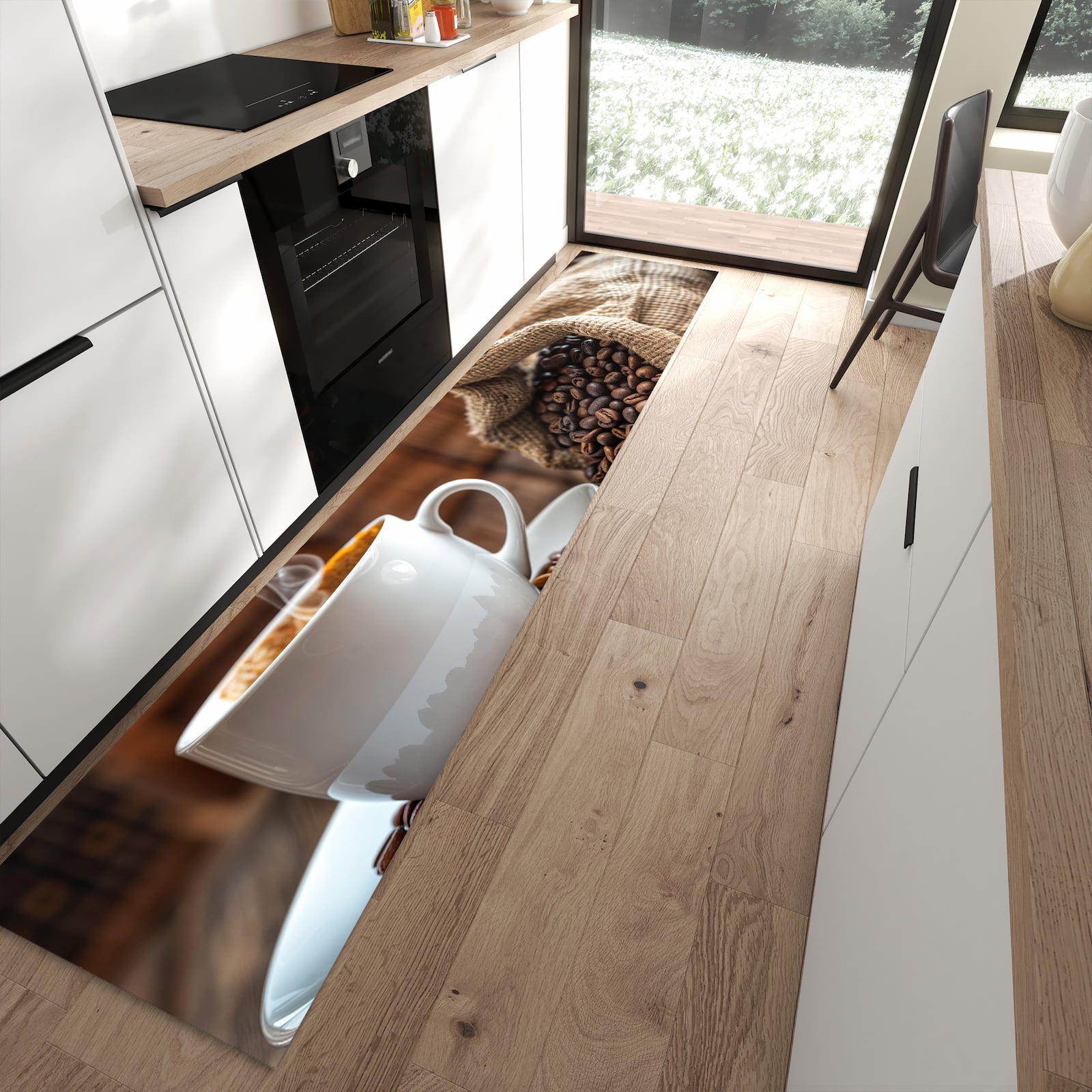 Formstabiler waschbarer Läufer für die Küche mit Motiv Kaffeegenuss in moderner Küche