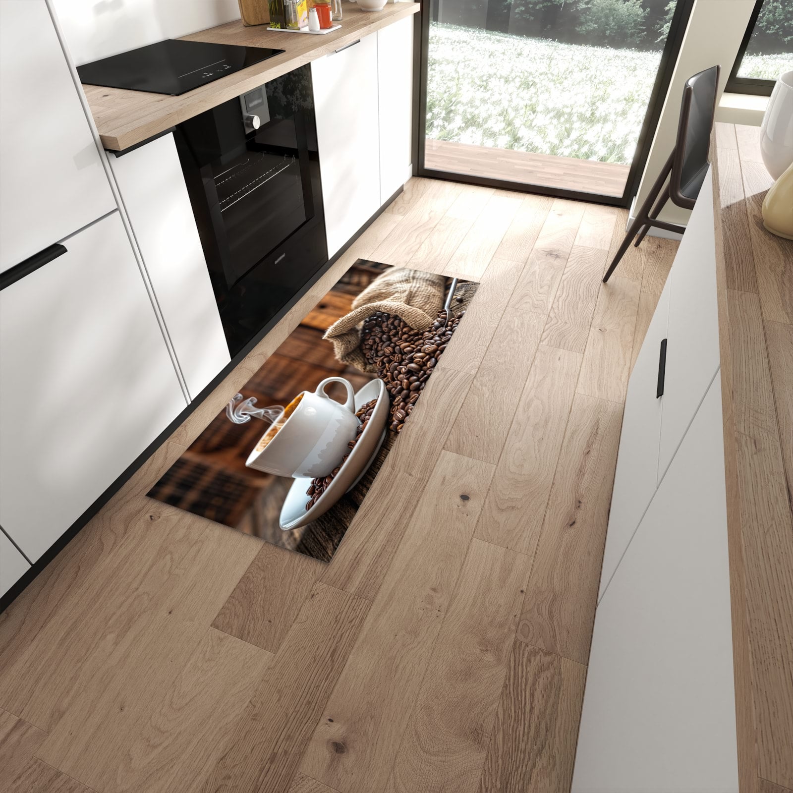 Bodenschonender Küchenteppich mit Motiv Kaffeegenuss in moderner Küche #grösse_60 x 150 cm
