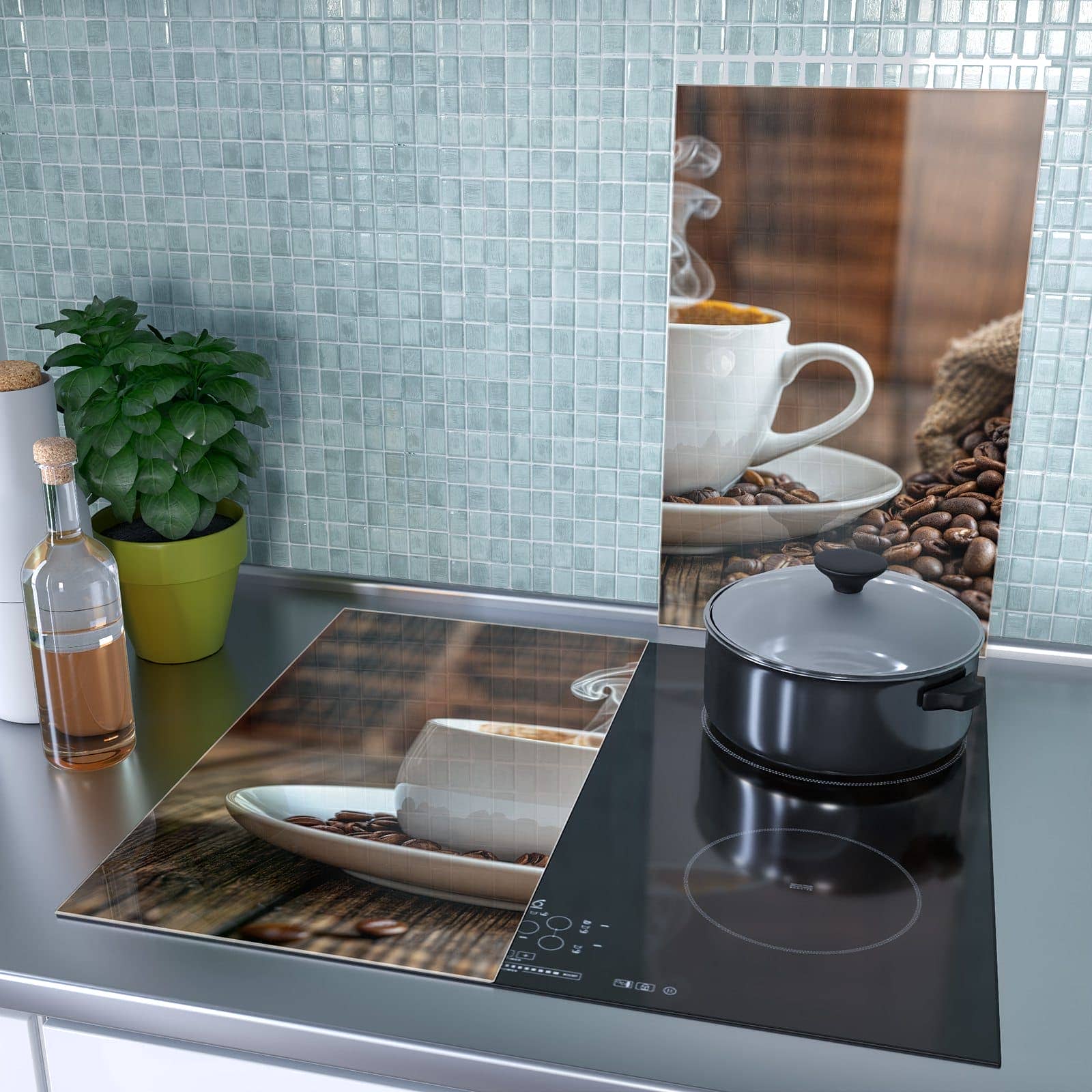 2-teilige Ceranfeld Abdeckplatten mit Kaffeegenuss-Motiv als Spritzschutz hinter dem Kochfeld