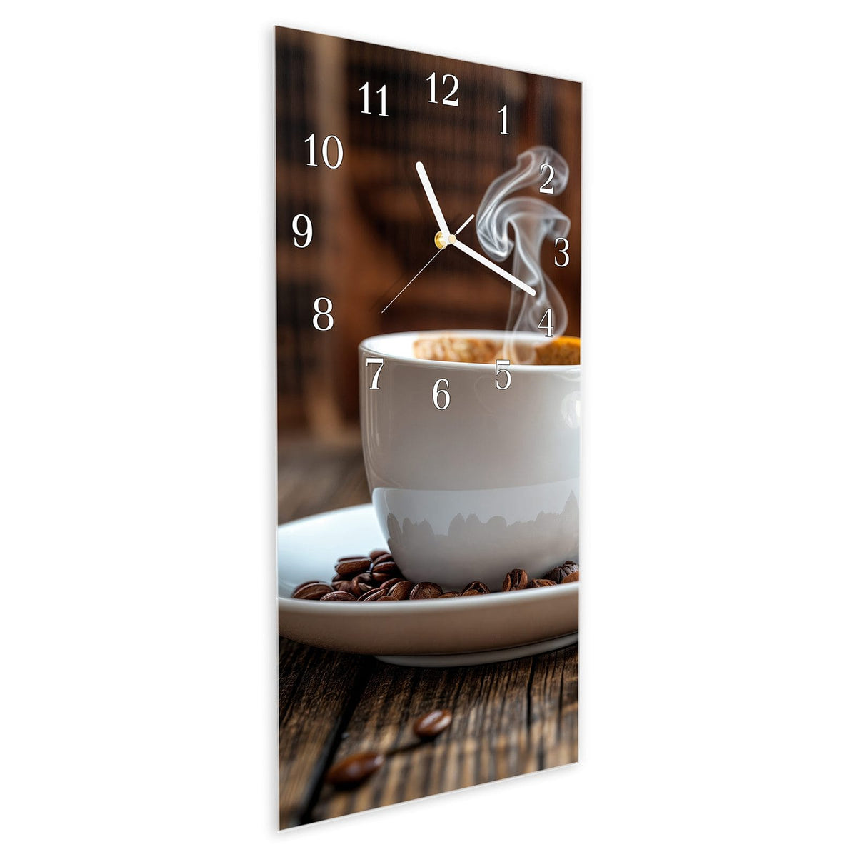 Vormontiert – mit Schwebeeffekt – Wanduhr Kaffeegenuss aus Glas – Hochformat 30 × 60 cm