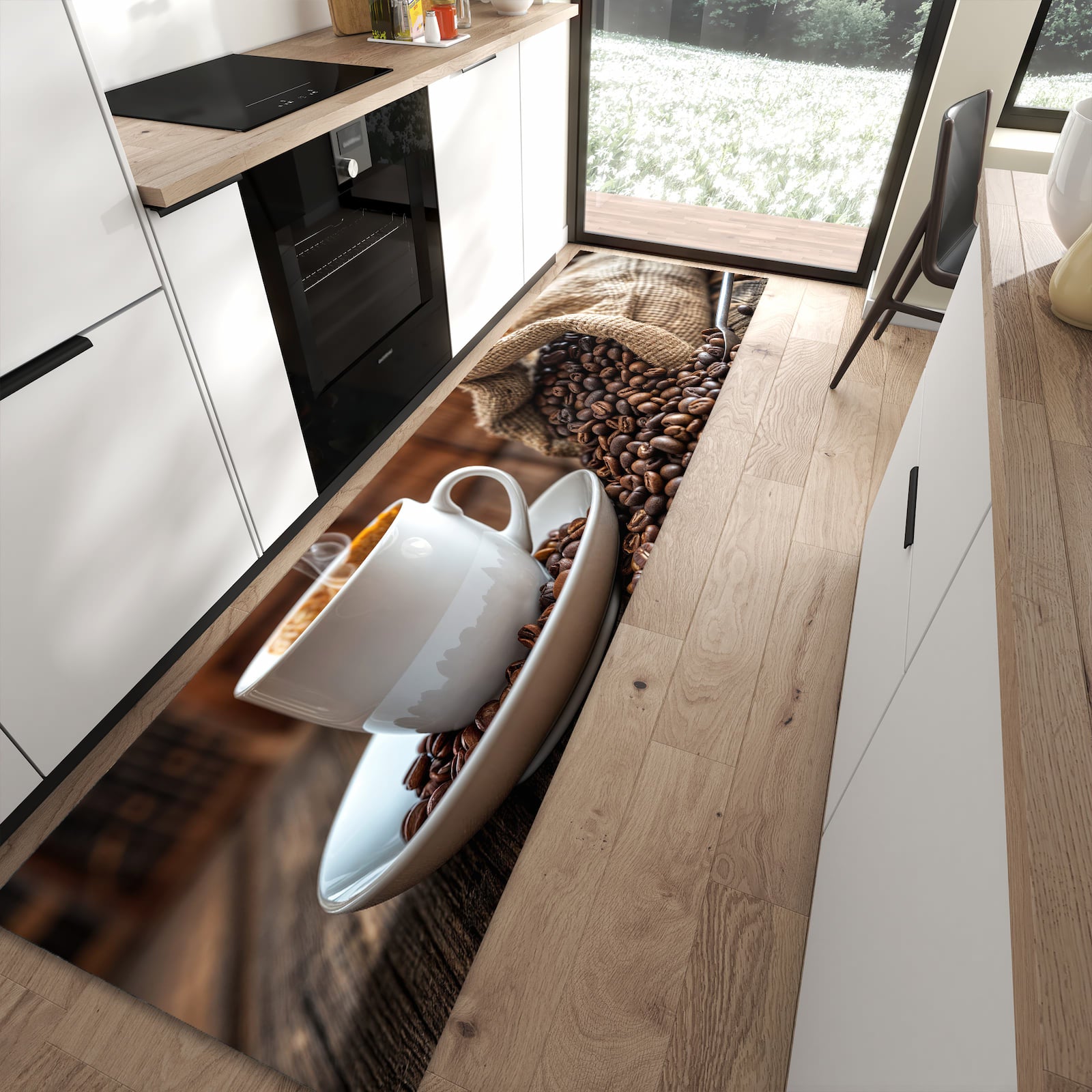 UV-beständiger dünner Teppich mit Motiv Kaffeegenuss in moderner Küche