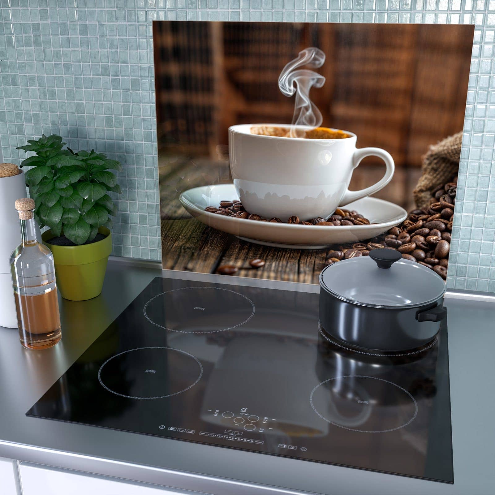 1-teilige Herd Schutzplatte mit Kaffeegenuss-Motiv als Spritzschutz hinter dem Kochfeld