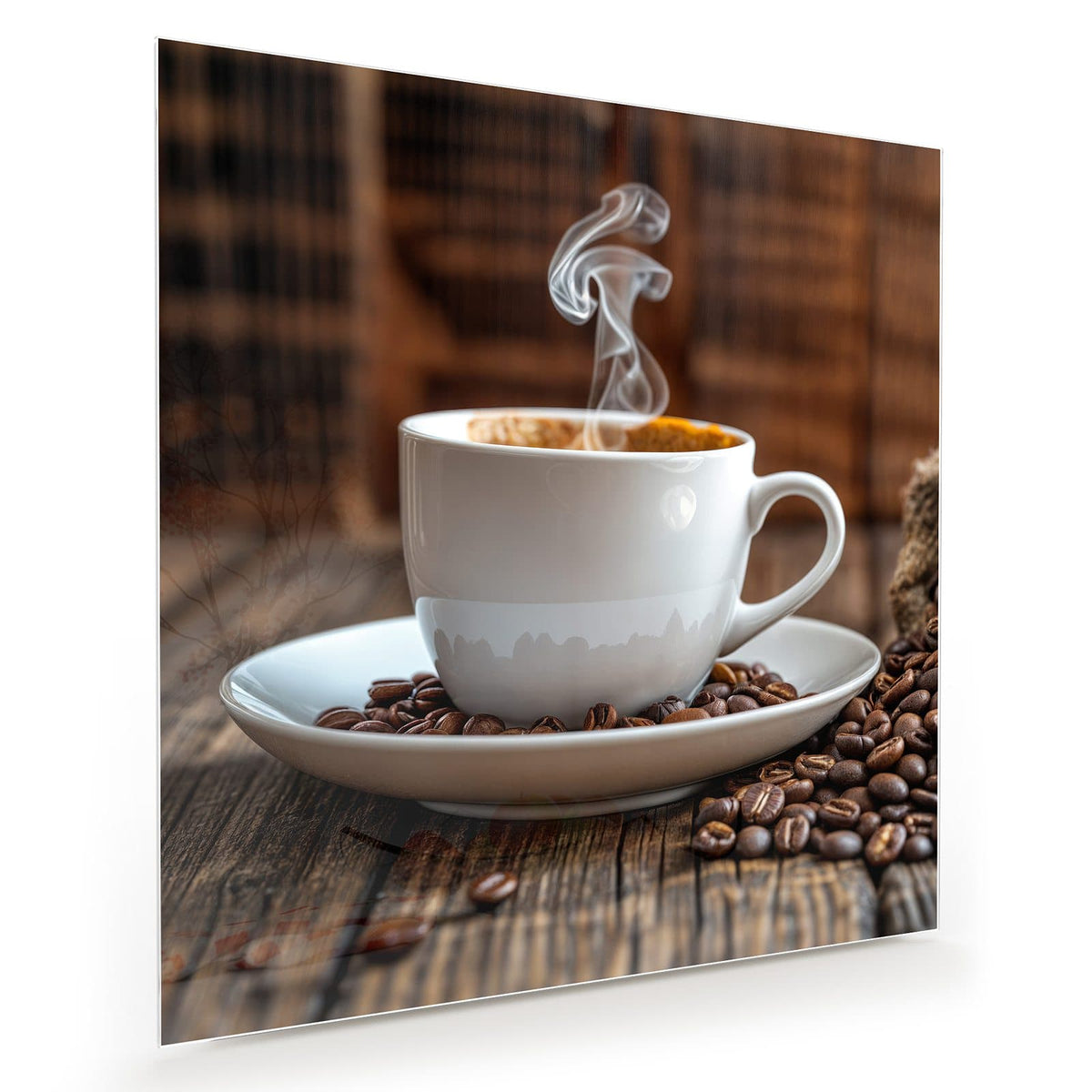 Weiße Tasse mit dampfendem Kaffee auf einer Untertasse voller Bohnen vor rustikalem Holz