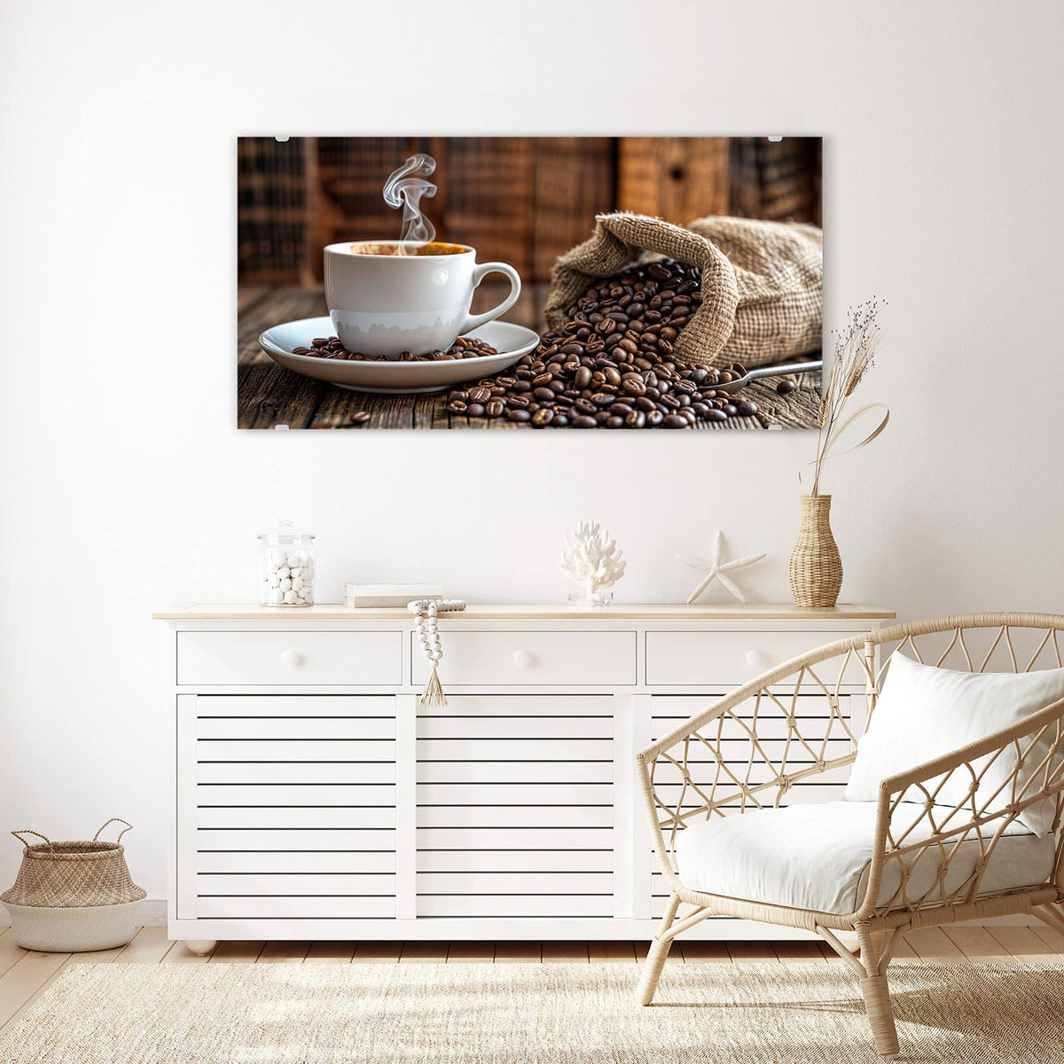 Echtglas, 4 mm – kein Acryl, keine Folie – Wandbild - Dampfende Tasse Kaffee - Querformat