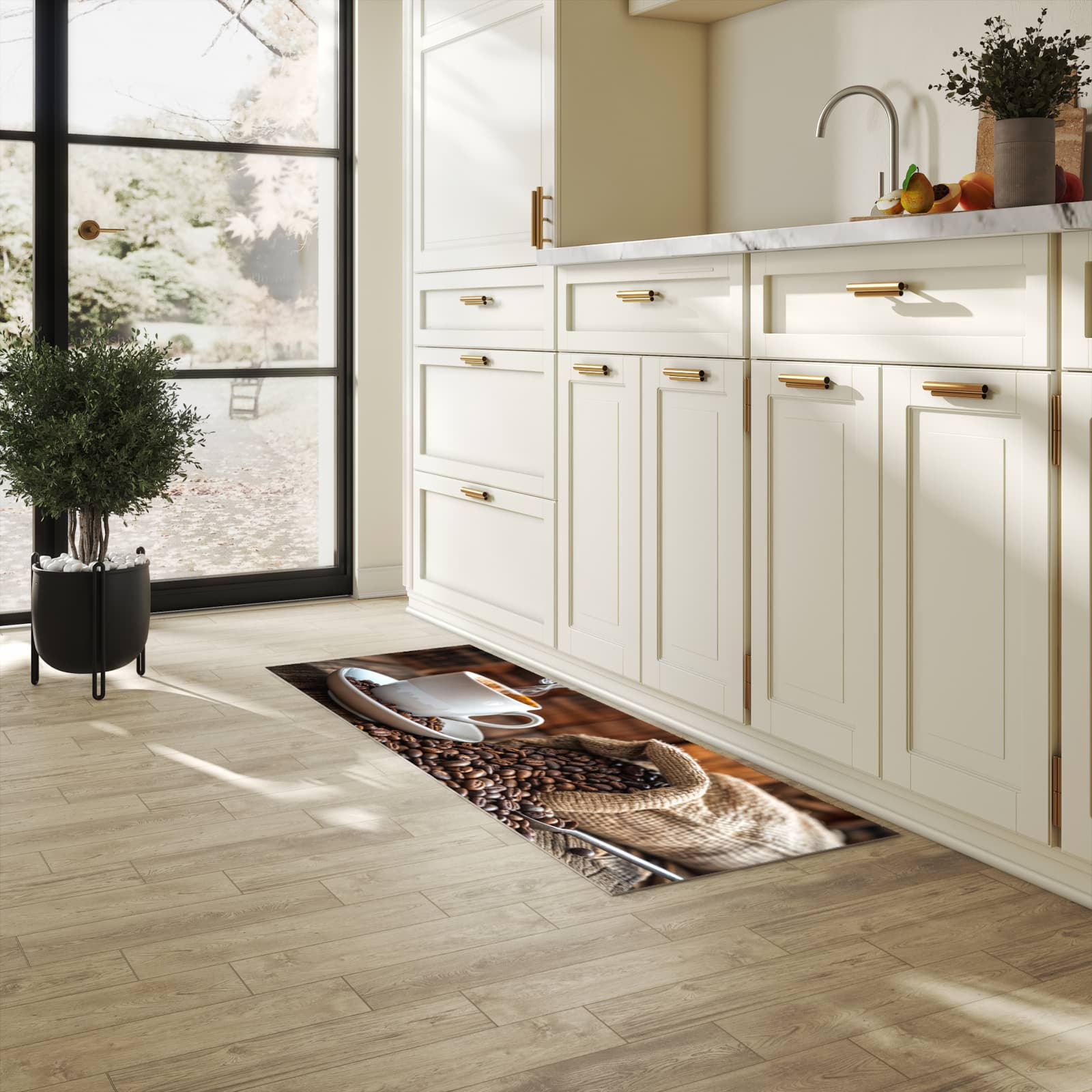 Formstabiler Küchenläufer mit Motiv Kaffeegenuss in heller Küche