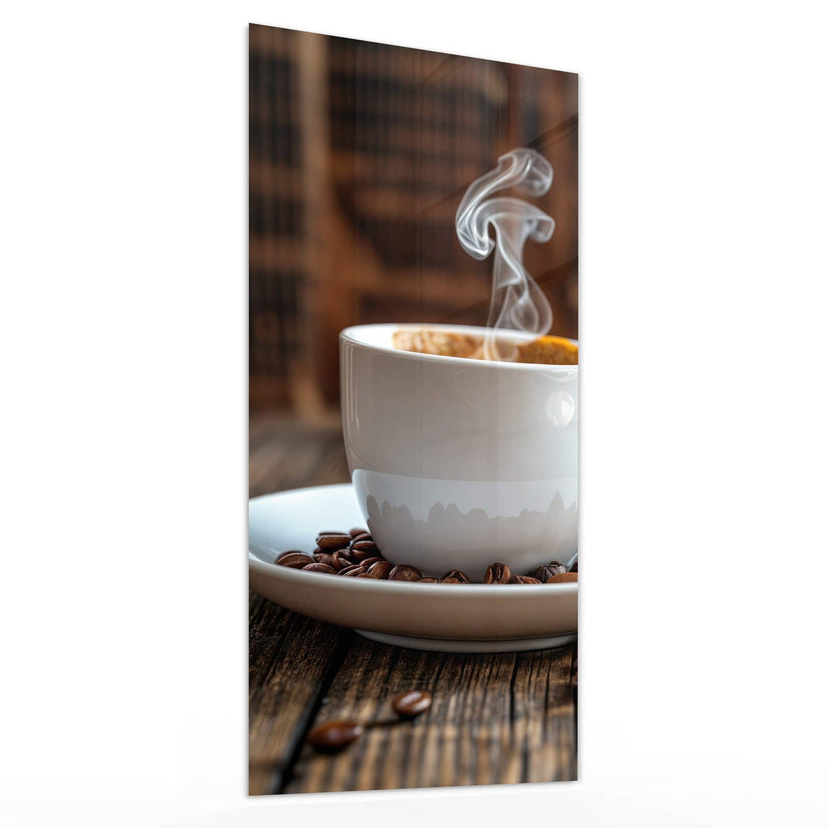 Glasbild Dampfende Tasse Kaffee von der Seite, 4 mm Echtglas