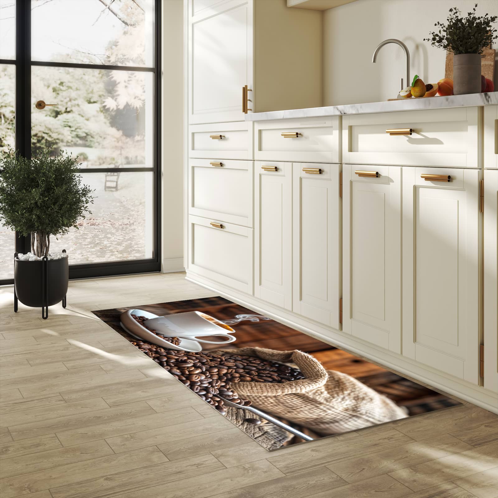 UV-beständiger Küchenläufer mit Motiv Kaffeegenuss in heller Küche