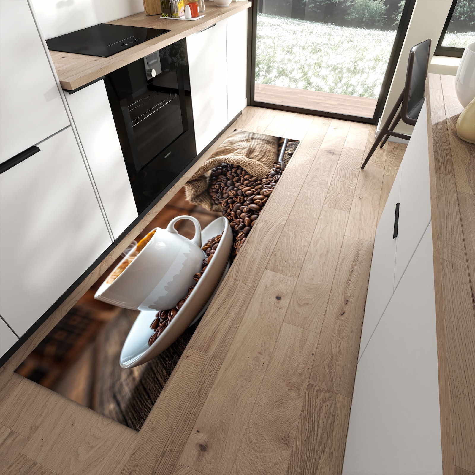 Bodenschonender Küchenläufer mit Motiv Kaffeegenuss in moderner Küche
