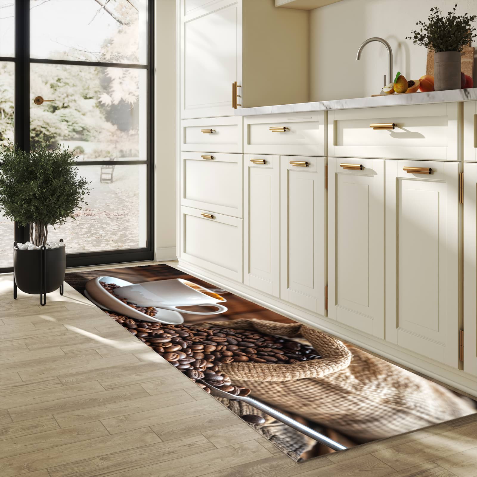Fleckenresistenter waschbarer Läufer mit Motiv Kaffeegenuss in heller Küche