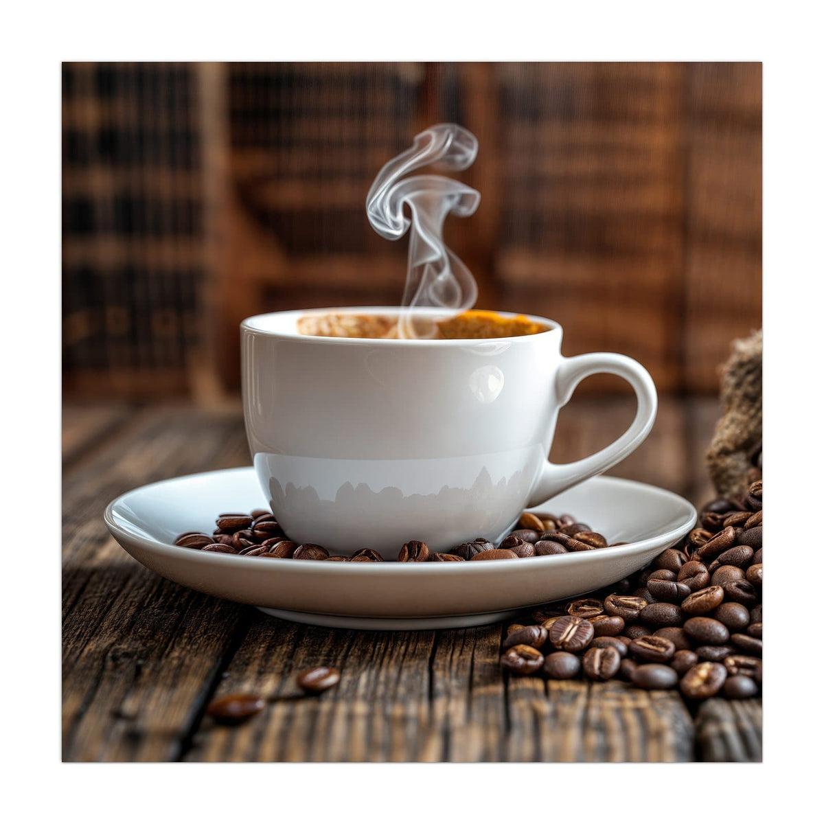 Weiße Tasse mit dampfendem Kaffee auf einer Untertasse voller Bohnen vor rustikalem Holz