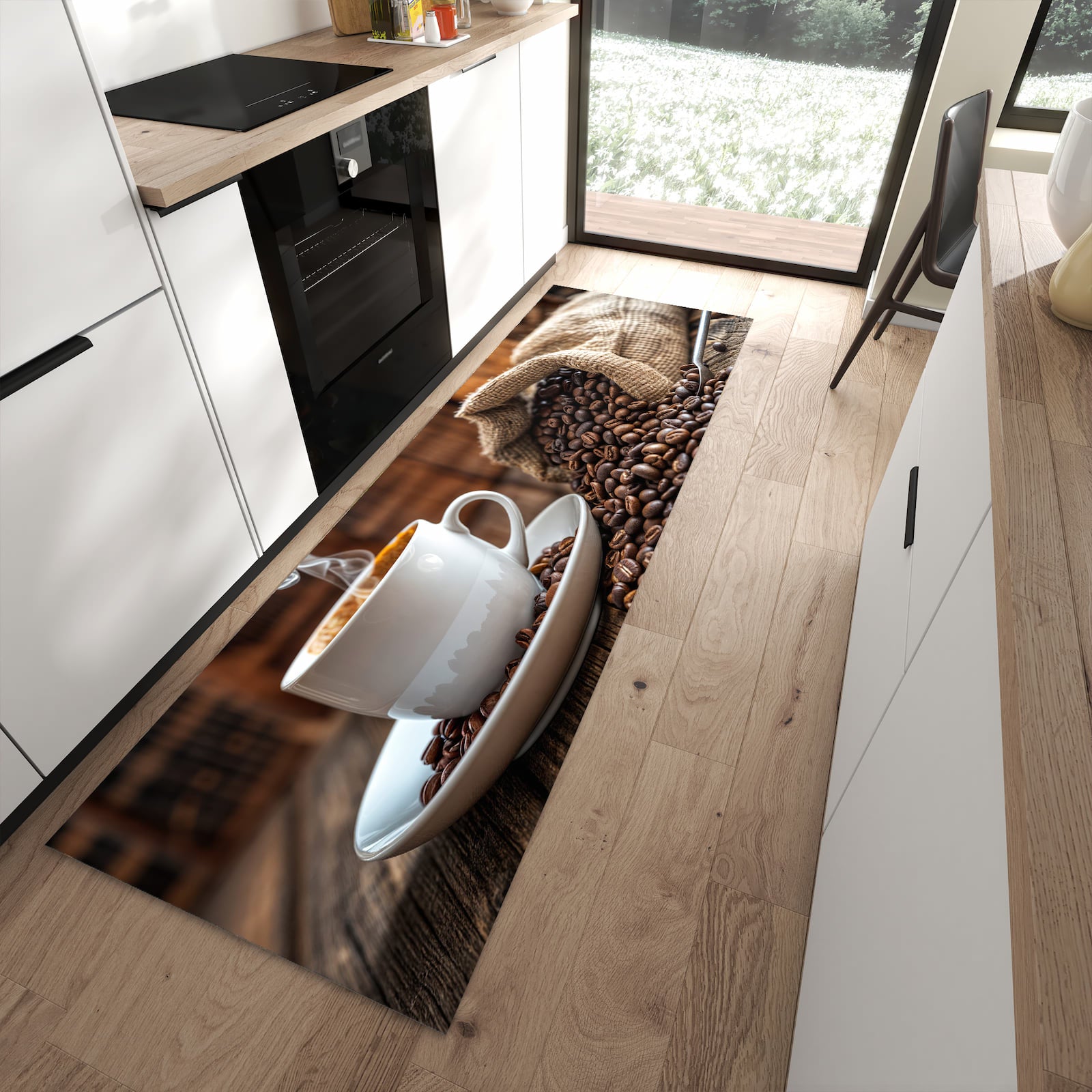 Geräuschdämpfender Läufer mit Motiv Kaffeegenuss für Eingangsbereich in moderner Küche