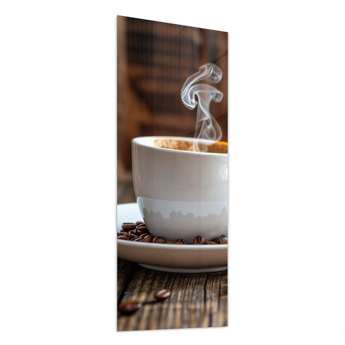 Glasbild Dampfende Tasse Kaffee von der Seite, 4 mm Echtglas