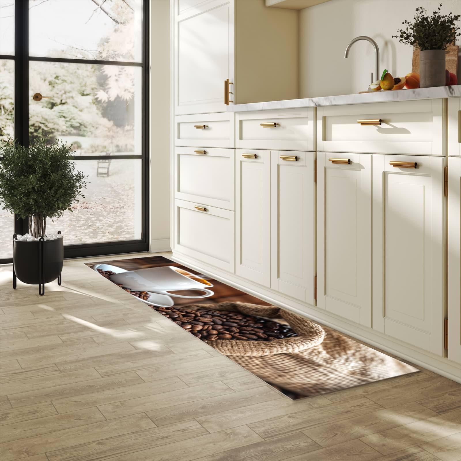 Zeitsparender Küchenteppich mit Motiv Kaffeegenuss in heller Küche