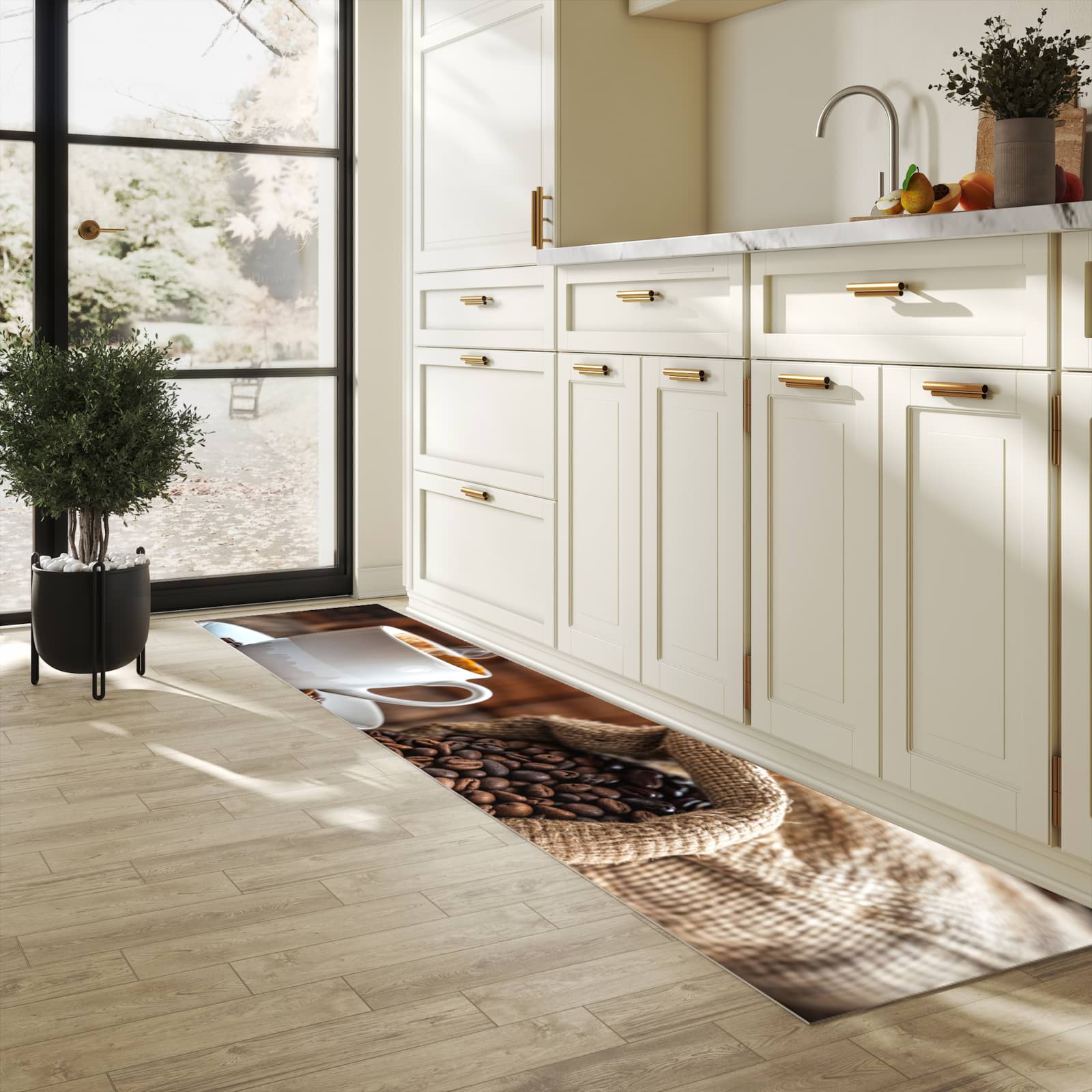 Geräuschdämpfender Küchenvorleger mit Motiv Kaffeegenuss in heller Küche