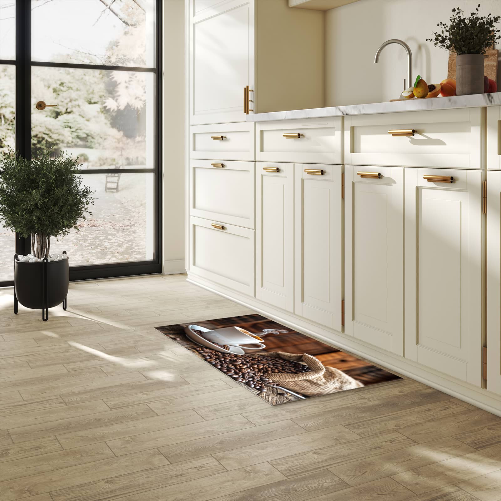 Bodenschonender Küchenteppich mit Motiv Kaffeegenuss in heller Küche