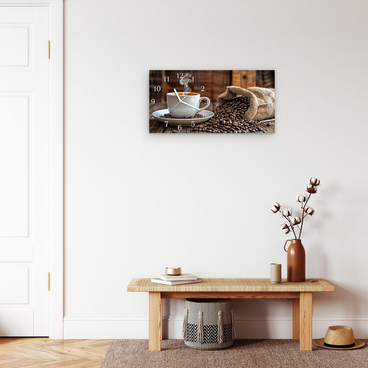 Moderne Wanduhr aus Glas mit Farbtiefe – Wanduhr Kaffeegenuss aus Glas – Querformat 60 × 30 cm