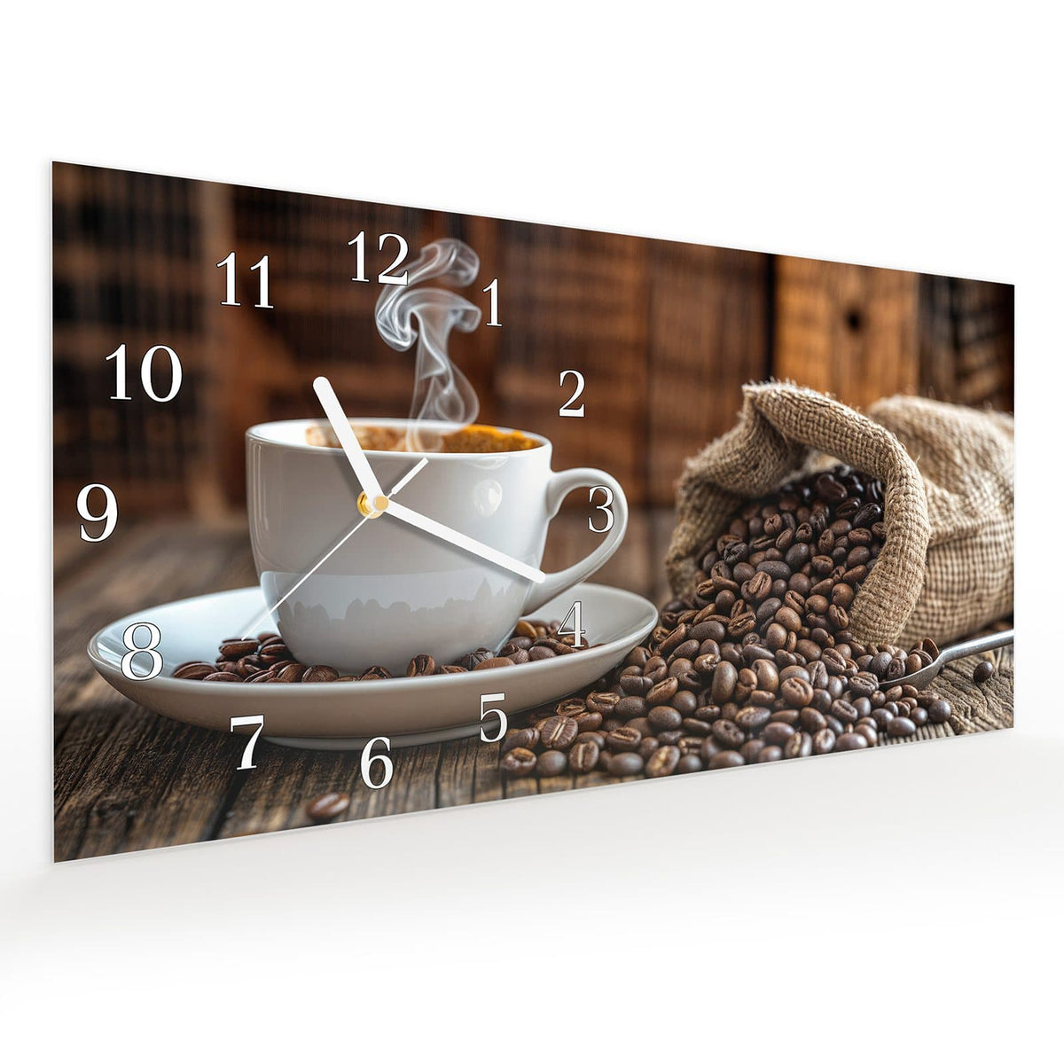 Vormontiert – mit Schwebeeffekt – Wanduhr Kaffeegenuss aus Glas – Querformat 60 × 30 cm