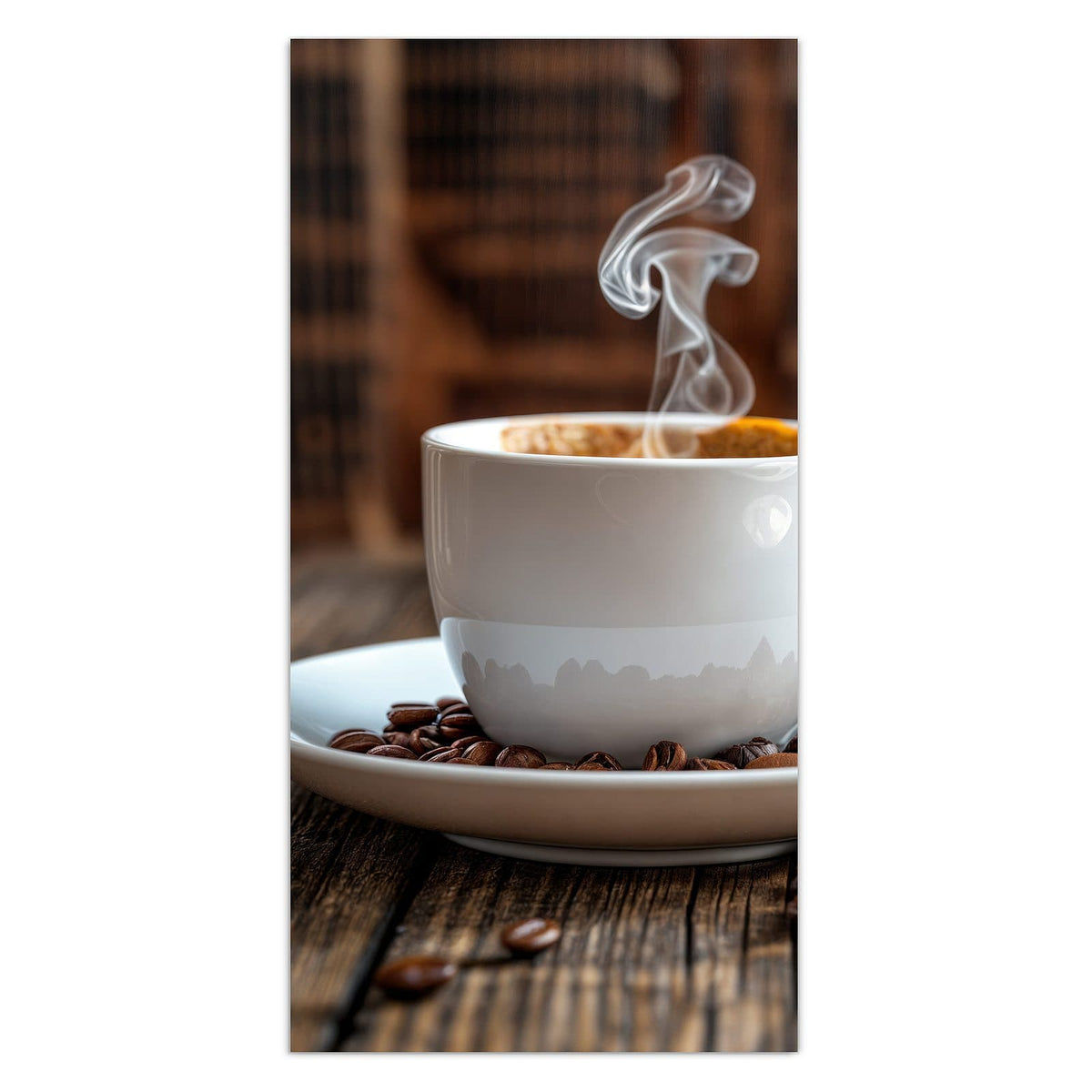 Weiße Tasse mit dampfendem Kaffee auf einer Untertasse voller Bohnen vor rustikalem Holz