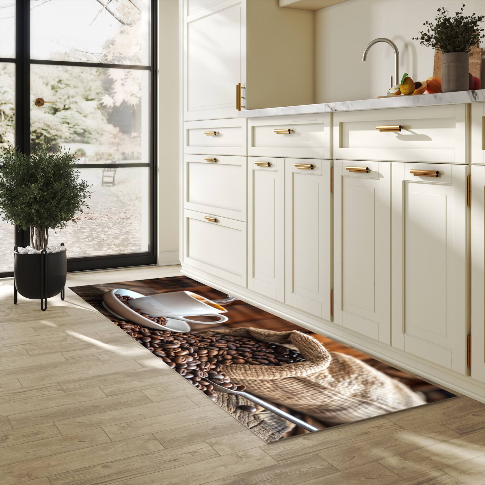 Komfortabler Küchenläufer mit Motiv Kaffeegenuss in heller Küche für angenehmes Stehen