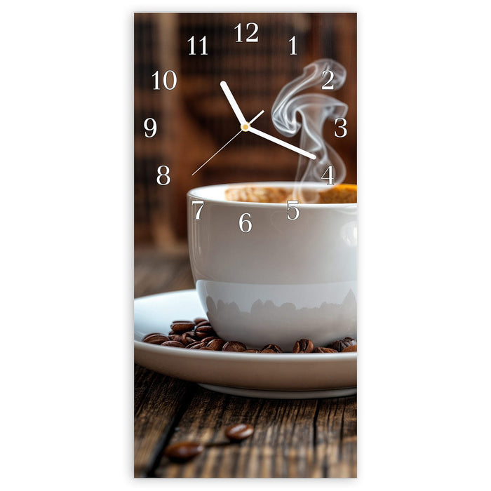 Wanduhr Kaffeegenuss aus Glas – Hochformat 30 × 60 cm mit Ziffernblatt Klassisch