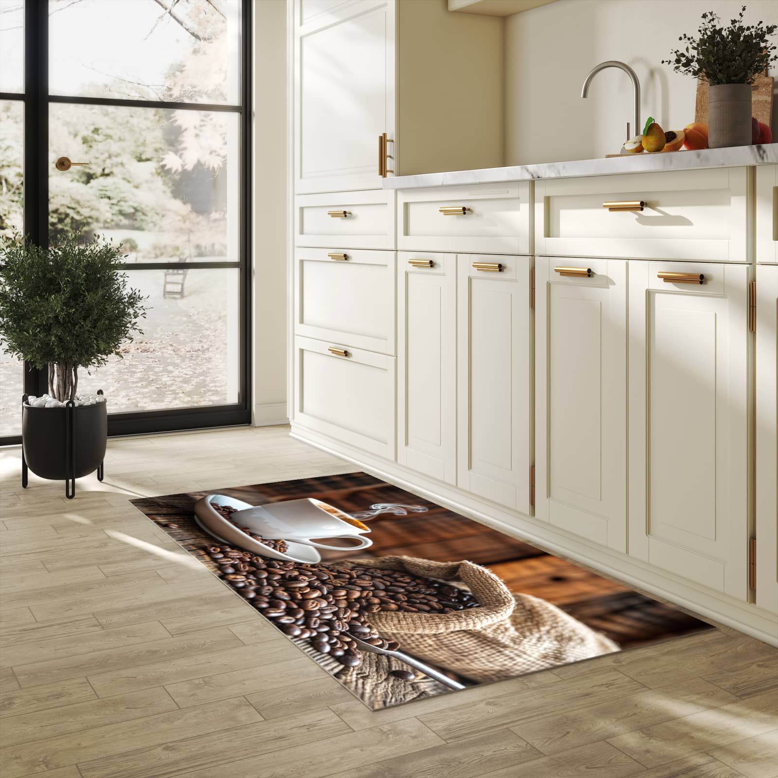 Schmutzabweisender waschbarer Küchenläufer mit Motiv Kaffeegenuss in heller Küche